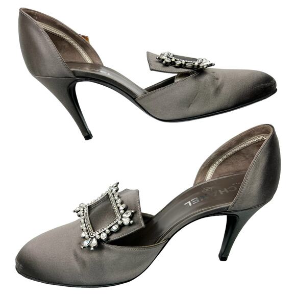 CHANEL Crystal Embellished D'Orsay Pumps EU 39.5 US 9.5 Dark Gray Satin Heels - Picture 7 of 15